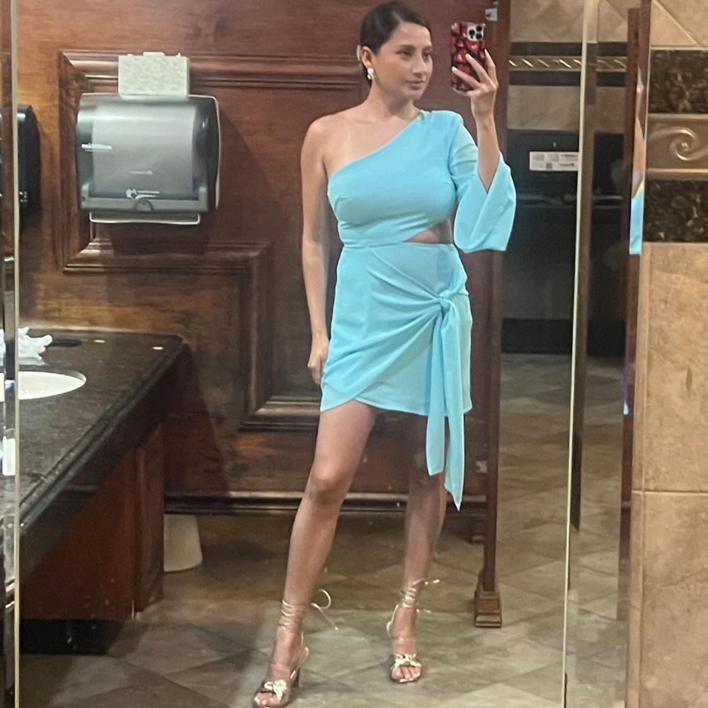 One-Shoulder Waist Cut Out Aqua Dress